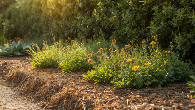 Blühendes Staudenbeet mit Mulchschicht als natürlicher Hitzeschutz im Naturgarten an einem sonnigen Sommertag.